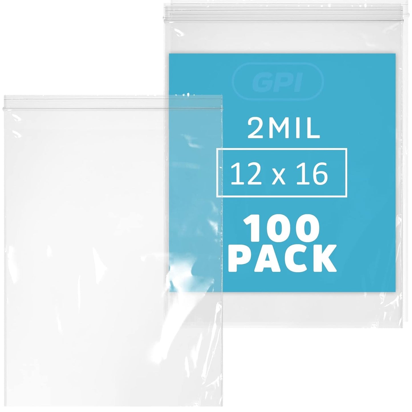 GPI - 12" x 16", Pack of 100, Clear Plastic Reclosable XL Zip Bags, 2 Mil Thick, Zip Poly Bags with Resealable Lock Seal Zipper for Food, Apparel, Shirts, Household, School & Office Supplies