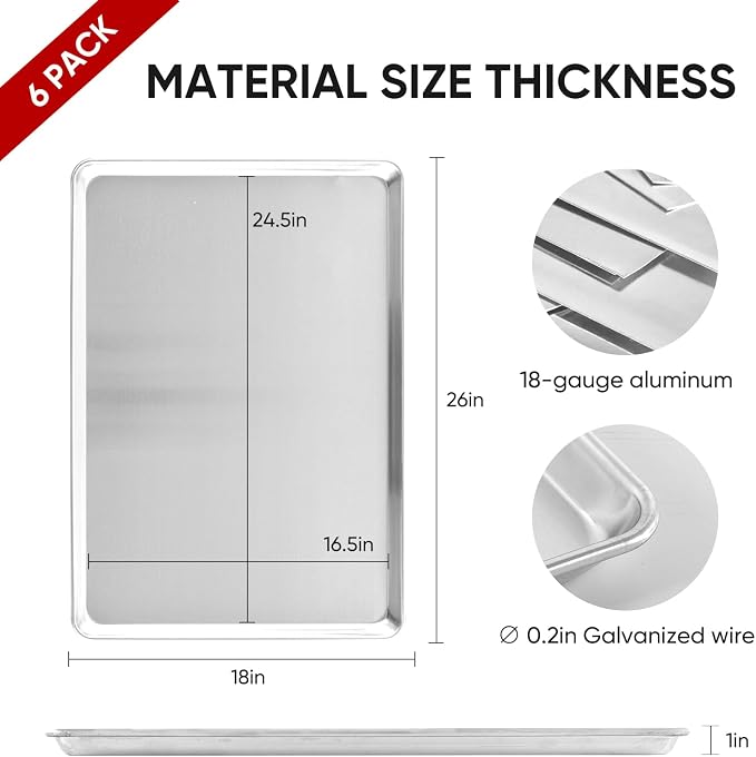 TENUP 6 Pack Aluminum Full Sheet Pan, 26" x 18" Heavy Duty Commercial Baking Tray Reinforced Rim, Warp-Resistant Rust-Free - Image 2
