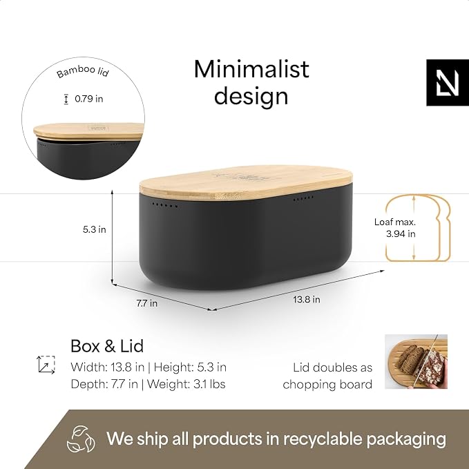 LARS NYSØM Bread Box I Metal Box for long lasting freshness I Bread Bin with bamboo lid usable as cutting board I 13.8x7.7x5.3 In (Midnight Black) - Image 4