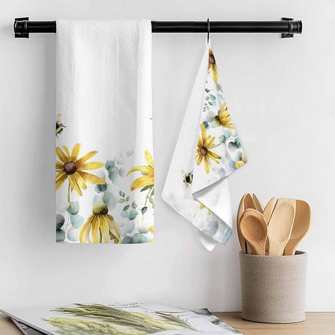 Pastoral Plants Kitchen Towels Set of 2 Watercolor Eucalyptus Trees Yellow Peppermint Decorative Dish Towels Ultra Soft Microfiber Absorbent Reusable Dishcloths for Kitchen Drying, 18x28 Inch - Image 2