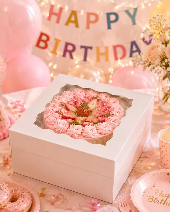 qiqee White 12x12x8 Cake Box, 4 Sets White Cake Box with Window ＆ 4 Sets 12" White Cake Round Boards, 12inch Cake Containers - Image 7