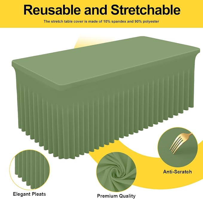 Smiry Spandex Tablecloth 6 Pack, Elastic Fitted Stretch Tablecloth for 8FT Rectangle Tables, Waterproof Washable Table Cover Skirt for Wedding, Banquet & Parties (Sage Green, 96Lx30Wx30H Inch) - Image 2