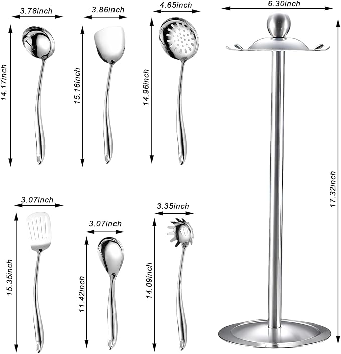 18/10 Stainless Steel Cooking Utensils Set with Holder, 7-Pieces All Metal Kitchen Utensils, Kitchen Cooking Tools, Kitchen Tools with Countertop Rotating Stand - Image 2