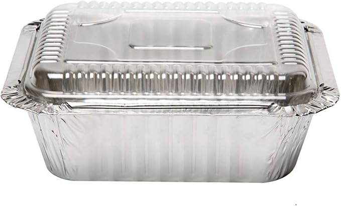 Tiger Chef Oblong Aluminum Tin Foil 1 Pound Pans Dimensions: 5.56" X 4.56" X 1.63" With Clear Dome Lids Measures: 5.5" X 4.5" X 1" Disposable Freezer to Oven Safe for Takeout Storing - 10 Pack by TigerChef