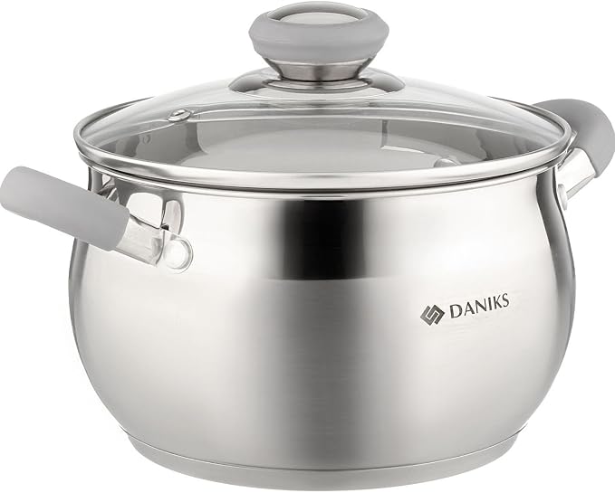 Daniks Modern 3 Quart Stainless Steel Stock Pot with Glass Lid, Tri-Ply Bottom for Even Heating, Induction Compatible, Dishwasher Safe, Heatproof Handles by Daniks