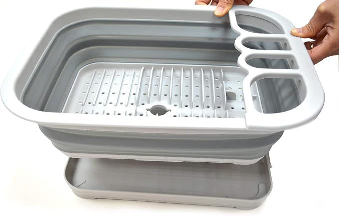 SAMMART Set of 2 Collapsible Dish Drainer with Drainer Board - Foldable Drying Rack Set - Portable Dinnerware Organizer - Space Saving Kitchen Storage Tray (2, Grey) - Image 5