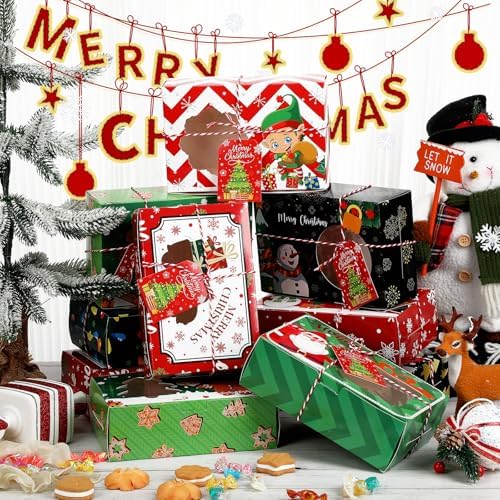 Zhanmai 64 Pcs Christmas Treat Boxes with Window Holiday Kraft Bakery Christmas Cookie Gift Boxes Xmas Pastry Food Containers with Ribbons DIY Tags for Party Favor Gift Giving(Classic) - Image 5