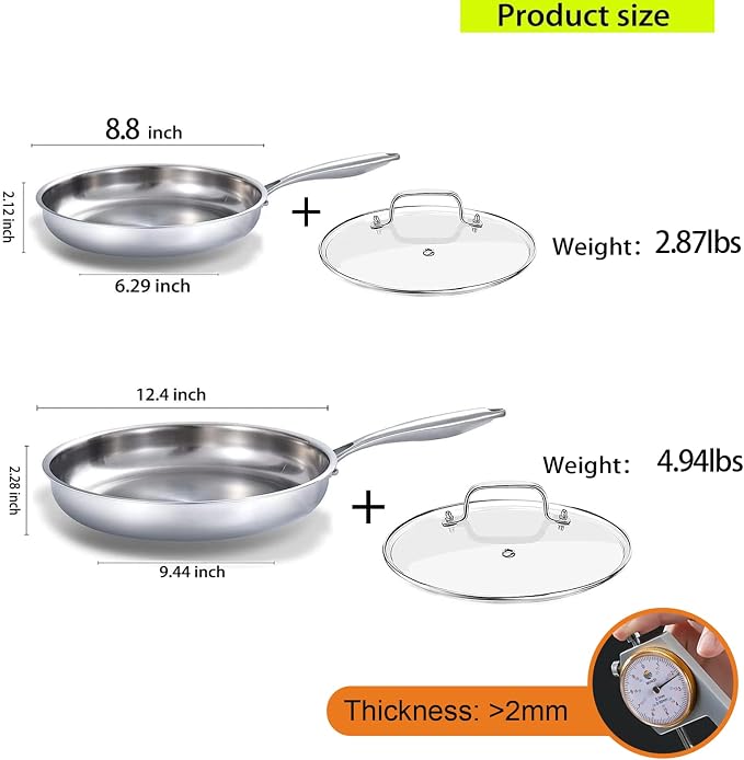 DELARLO Tri-Ply Stainless Steel Pan,18/10, 8",12" - Image 3