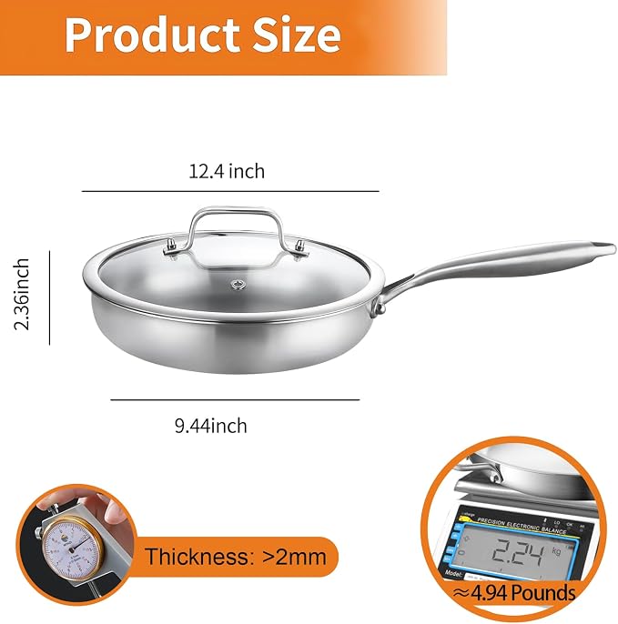 DELARLO Tri-Ply Stainless Steel Pan,18/10, 12"+Lids - Image 8