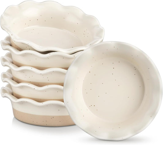 vancasso Mini Pie Pans Set of 6, 5.2 inch Ceramic Small Pie Plate for Baking, Shallow Ramekins Mini Pie Dish with Ruffled Edge for Chicken Pot Pie, Cake, Quiche, Tart, Cream Colored