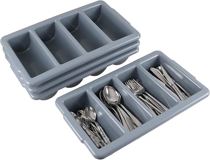 Set of 4 Heavy-Duty Cutlery Bins – 4-Compartment Commercial Silverware Tray (10" Internal Length) – Nestable, Washable, Gray (21.3" x 12.8") - Image 7