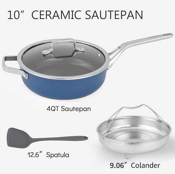 10-in-1 Blue Ceramic Nonstick Deep Saute Pan Set With Steamer & Lid, 4QT - Image 9