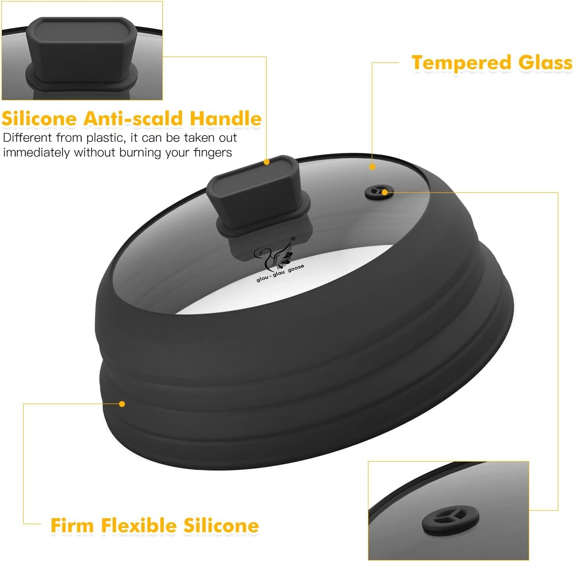 Microwave Splatter Cover Glass Cover Splatter Guard Lid with Collapsible Silicone for Food Cover Plate Cover 10.8 inch 2 Pack Black