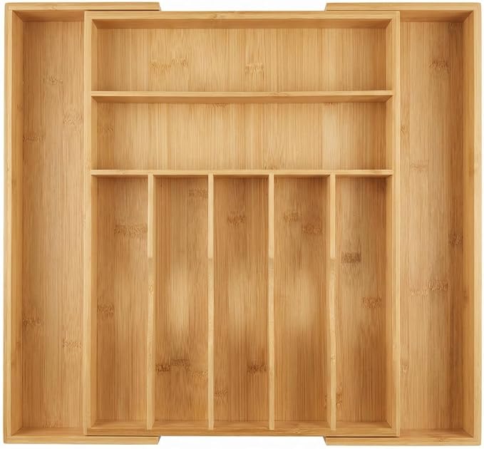 Expandable Bamboo Silverware Drawer Organizer – Adjustable 21" Wide Wooden Utensil Tray with 9-Compartments, Large Kitchen Flatware & Spoon Holder, Natural Solid Wood for Drawers by GAMYPET