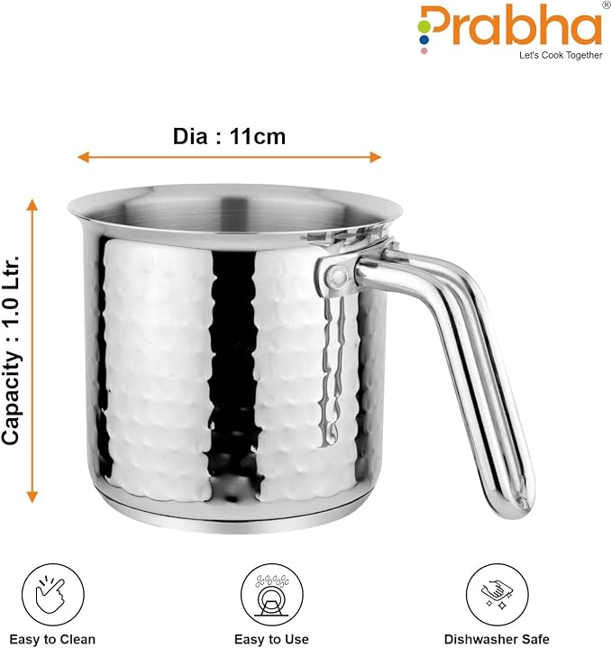 Prabha Stainless Steel Milk Pot With Handle 11cm 1.1 Litre | Hammered Milk Boiler Glass Lid Steam Vent | Tea Container Water Boiling | Coffee/Milk Warmer, Even & Faster Heating | Induction & Gas Stove - Image 2