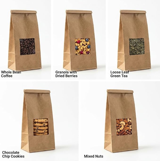 AwePackage Compostable Natural Kraft Paper Tin Tie Bag with Window (50, 14-16 oz) - Image 6
