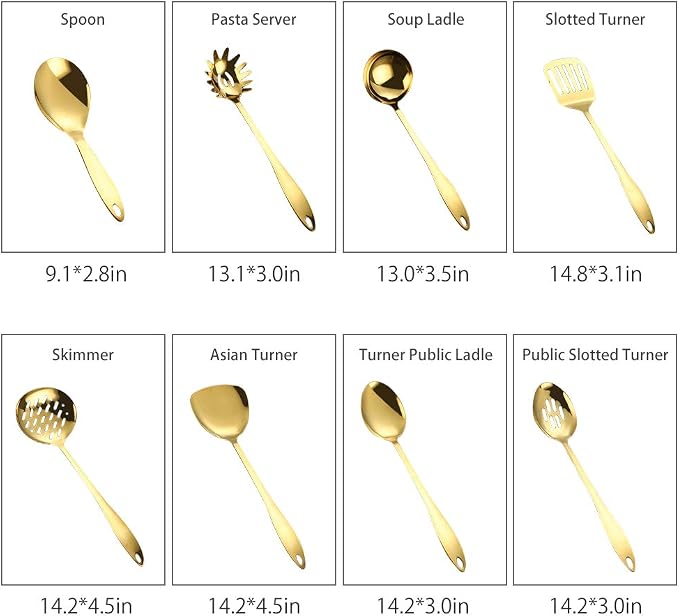 8 Piece Stainless Steel Kitchen Utensil Set Black Nonstick Cooking Utenisls Titanium Plated Kitchen Tools Gadgets Slotted Spatula Spoon Turner Ladle Dishwasher Safe - Image 3