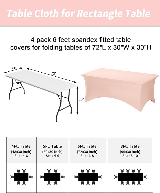 Fixwal 4 Pack 6FT Light Pink Tablecloth Rectangle Spandex Table Cover - Image 3