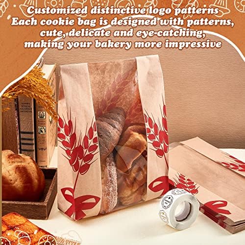 Gueevin 200 Pcs Kraft Paper Bread Bag for Homemade Bread Large Sourdough Loaf Bag with Clear Window Bakery Food Package Storage with 500 Pcs Sticker for Popcorn Cookies, 14x8.3x3.2'' - Image 4