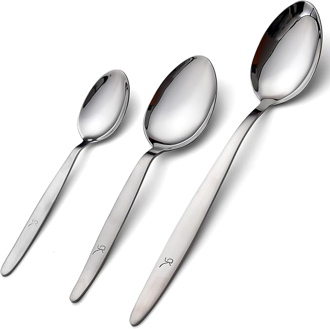 Chef Kunz Spoon |3-Pack| 18/10 Stainless Steel Solid Serving Spoon Set | Cooking Spoons for Basting, Plating, Quenelle (Extra Large Medium and Small, Kunz Regular spoon set (3 piece) by HUNTINGKNIFE