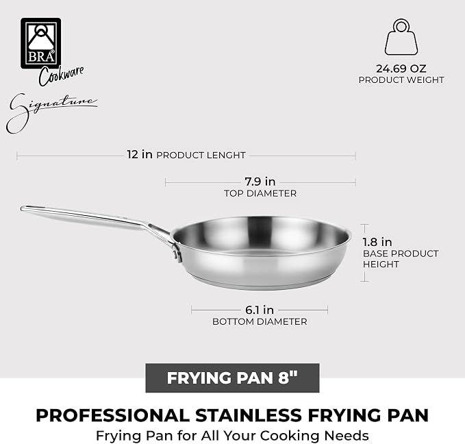 BRA COOKWARE Signature Stainless Steel Frying Pan | 8 Inches Skillet - Image 3