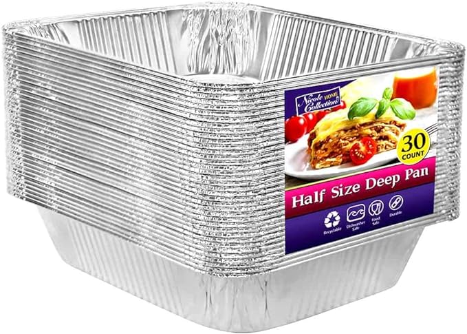 Aluminum Pans Half Size, 9X13, Extra Heavy Duty Disposable Foil Pans For Baking (30 Pack) Roasting & Chafing, Deep Tin Foil Bakeware, Steam Table Tray, Cookware, Food Prepping, Cake & Oven Pan by NicoleHomeCollection