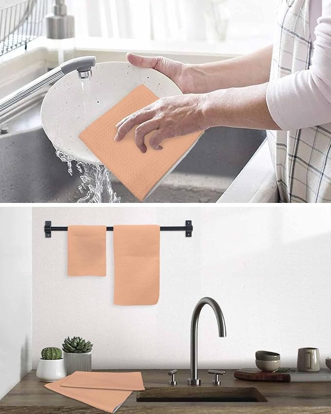 Orange Pink Dish Towels Set, Waffle Weave Kitchen Towels Microfiber Towels Cleaning, Solid Contemporary Color Minimalist Pure Color Soft Absorbent Dish Drying Towels Hand Towels 2 Pack 12x12 Inch - Image 6