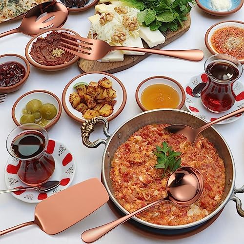 Copper Utensils Serving Set Rose Gold Stainless Steel Flatware Cake Knife Sever Fork Large Spoon Spatula Catering Silverware Complete 7 Pieces for Home Party Buffet - Image 3