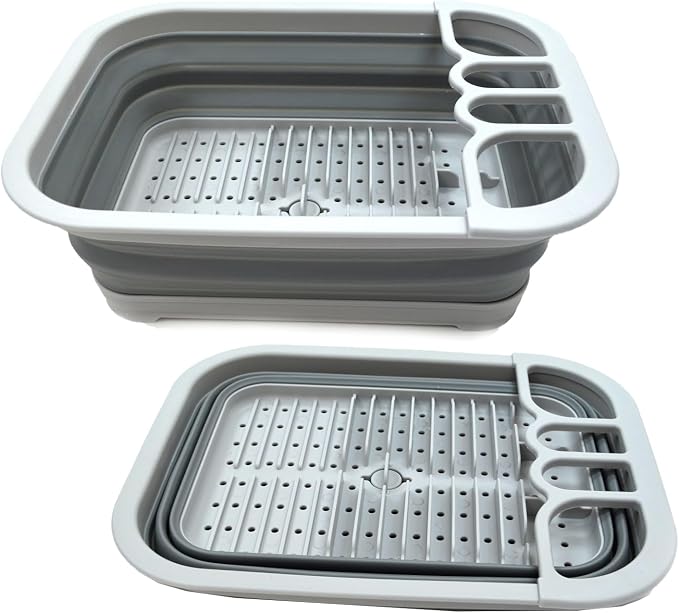 SAMMART Set of 2 Collapsible Dish Drainer with Drainer Board - Foldable Drying Rack Set - Portable Dinnerware Organizer - Space Saving Kitchen Storage Tray (2, Grey) - Image 2