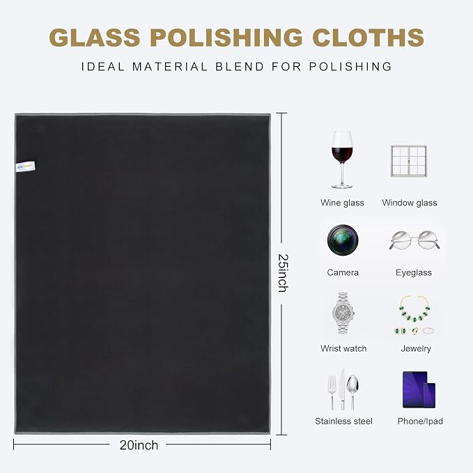 SINLAND Microfiber Glass Polishing Cloths Cleaning Rag 20x25In 12Pack Black - Image 2