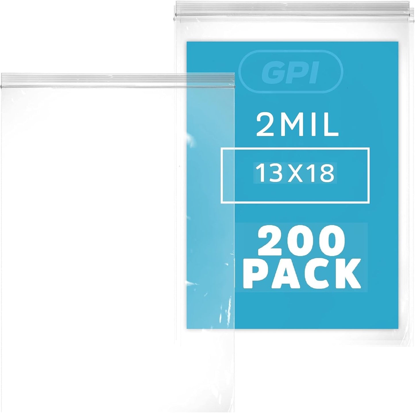GPI Pack of 200 13" X 18" Clear Plastic Reclosable Zip Bags - Bulk 2 Mil Thick Strong & Durable Poly Baggies with Resealable Zip Top Lock for Travel, Storage, Packaging & Shipping.