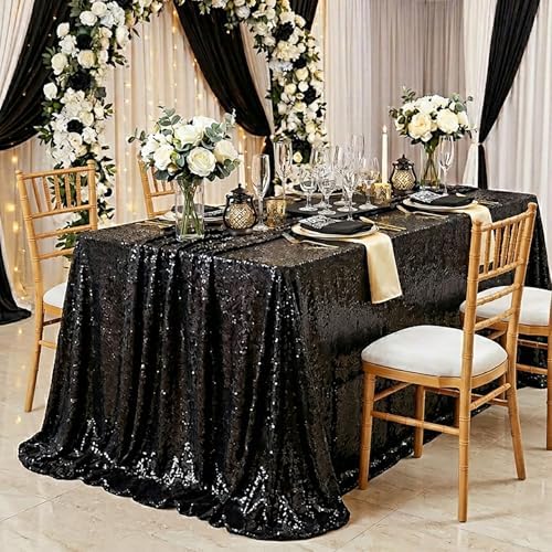 Black Sequin Tablecloth 60"x102" Black Table Cloth Rectangle Glitter Fabric by QueenDream