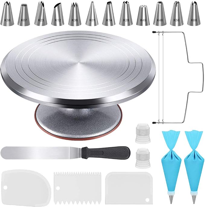 Kootek 22 Aluminum Cake Stand Turntable Set for Decorating Baking Kit, 12" | Beginner-friendly, Baking Supplies Tools with Cake Stand Turntable for Decorating and Display, 3 Icing Scrapers, Cake Leveler by Kootek