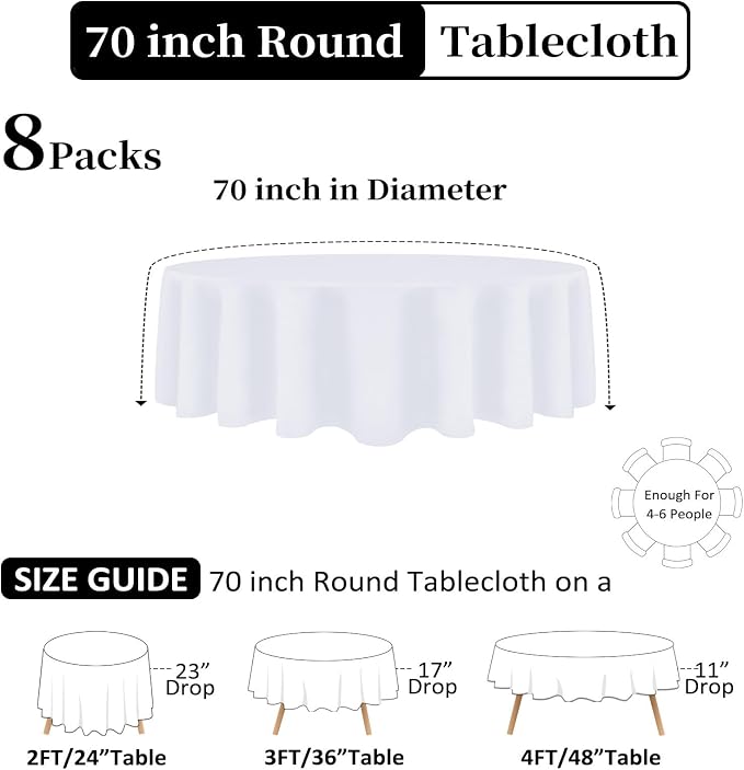 8 Packs 70 Inch White Round Tablecloth - Image 2