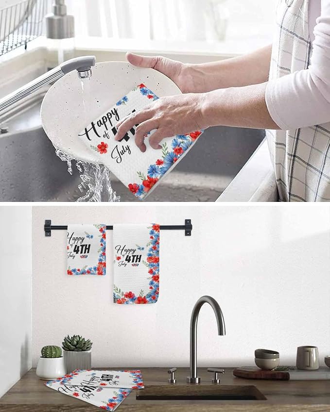 4th of July Dish Towels Set, Waffle Weave Kitchen Towels 4 Pieces, American Flag Red Blue Flowers Leaves Microfiber Hair Face Bath Tea Towel Absorbent Quick Drying Cleaning Dish Cloths, 12"x12" - Image 6