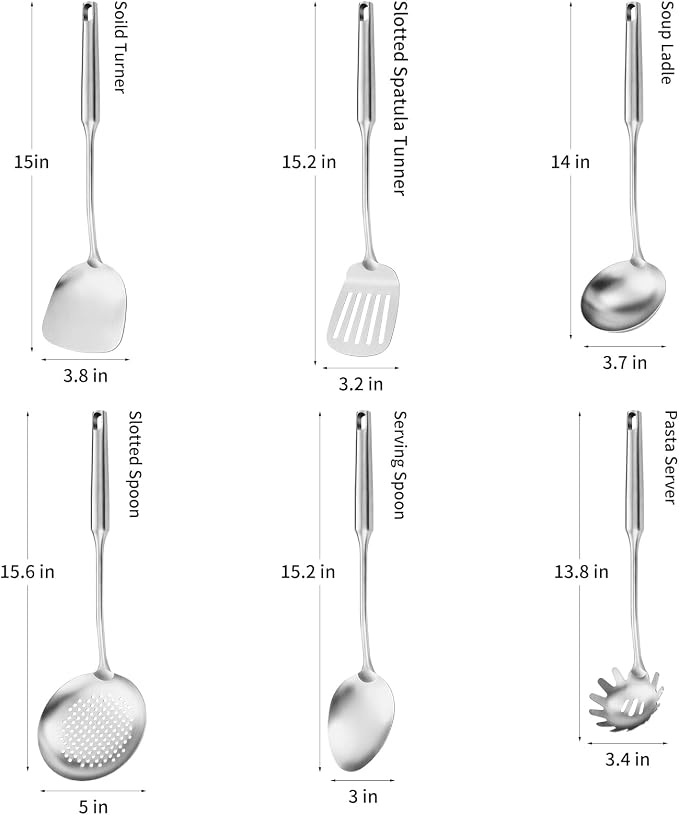 304 Stainless Steel Cooking Utensil,Kitchen Kitchen Utensil with Spatula, Solid Spoon, Ladle, Skimmer, Spaghetti Spoon, 6 Piece Set, Dishwasher Safe - Image 2