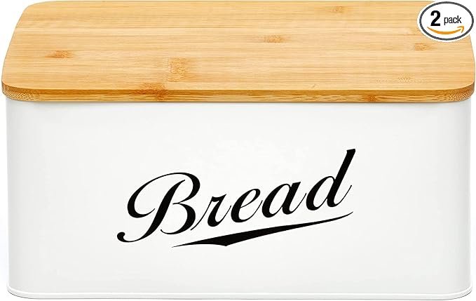 RoyalHouse Modern Metal Bread Box with Bamboo Cutting Board Lid, (Pack of 2) Total 2 Bread Box, Bread Storage Container for Kitchen Counter, Vintage Kitchen Decor Organizer by RoyalHouse