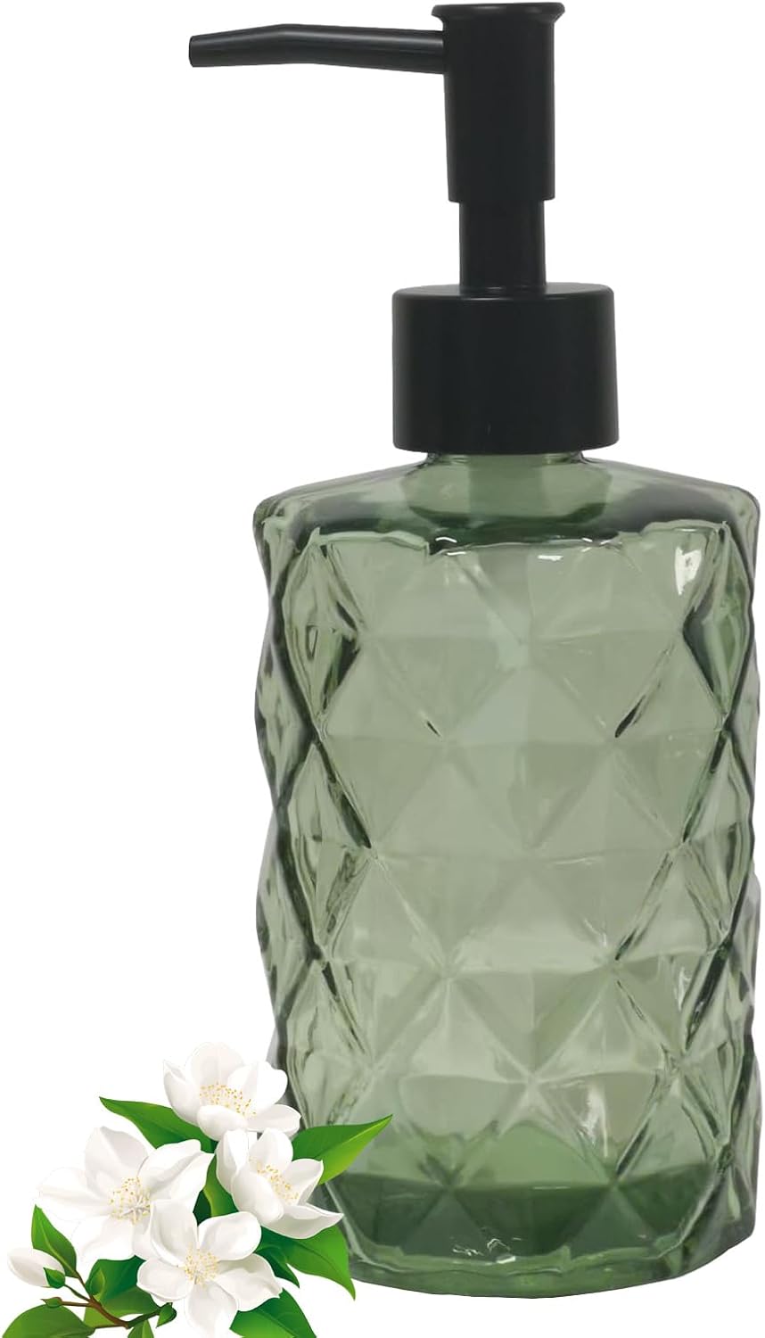 12Oz Small Glass Soap Dispenser with Black Plastic Pump, Green Refillable Kitchen Countertop Liquid Hand Soap Dispensers with Diamond Design, Crystal Bathroom Lotion Bottle for Dispense Dish Soap