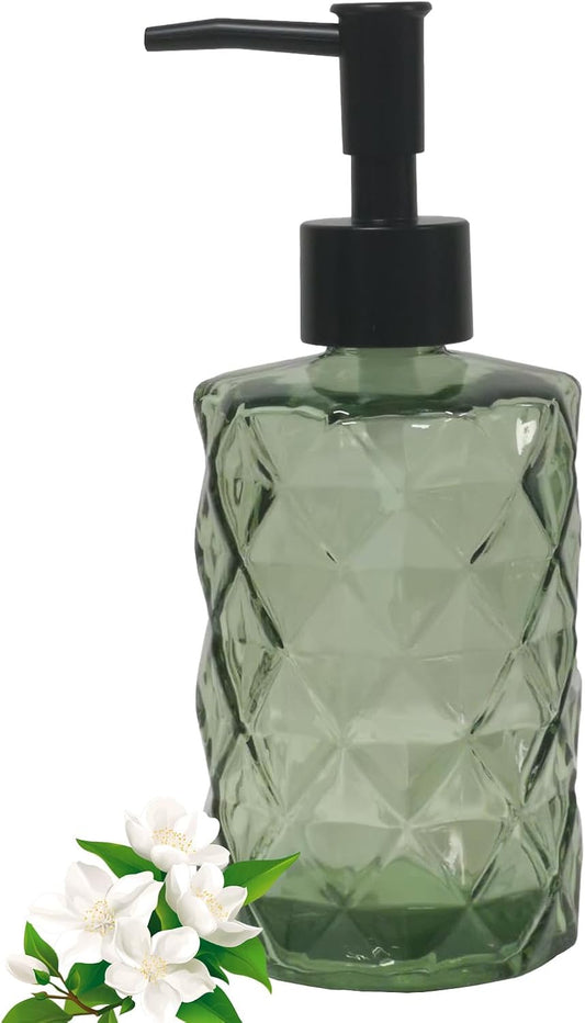 12Oz Small Glass Soap Dispenser with Black Plastic Pump, Green Refillable Kitchen Countertop Liquid Hand Soap Dispensers with Diamond Design, Crystal Bathroom Lotion Bottle for Dispense Dish Soap