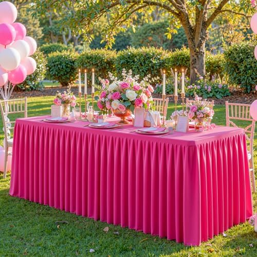 Red Polyester Table Cloths for Rectangle 8 Foot Tables, 1 Pack Wrinkle Free Tablecloths Stretchy Banquet Ruffle Fitted Table Cover Desk Skirt for Parties Wedding Birthday Baby Shower - Image 2