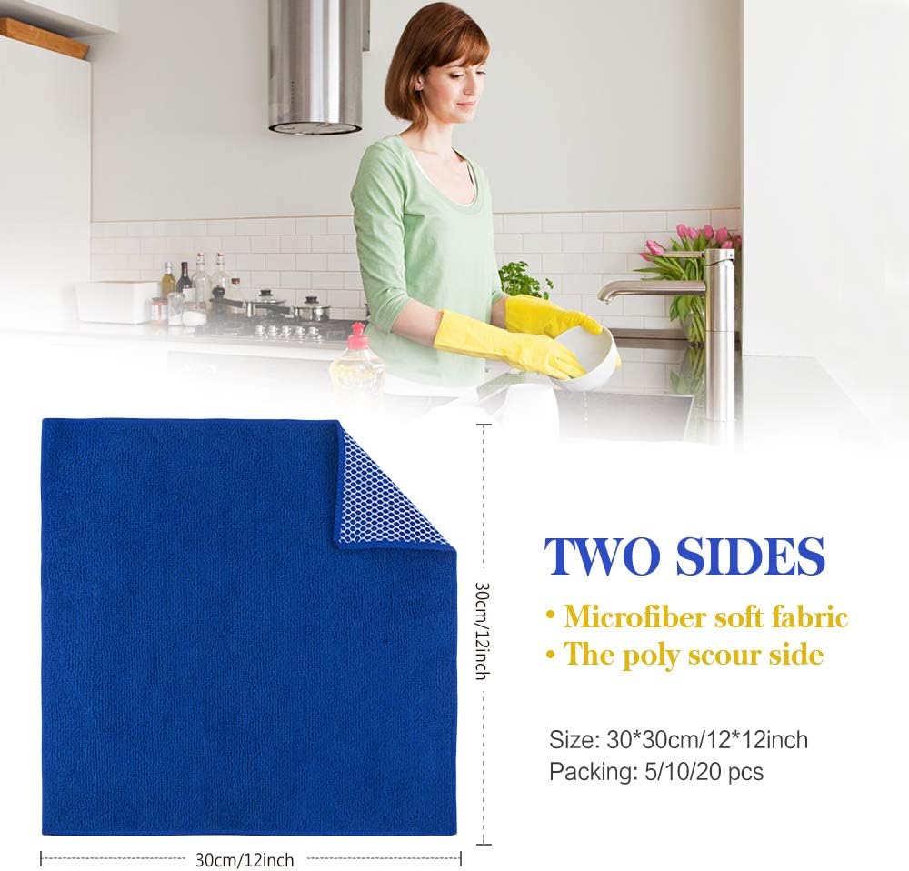 SINLAND Microfiber Dish Cloth for Washing Dishes Best Kitchen Washcloth Cleaning Cloths Poly Scour Side 12inchx12inch 5 Pack (Blue+White+Grey+Brown+Black)