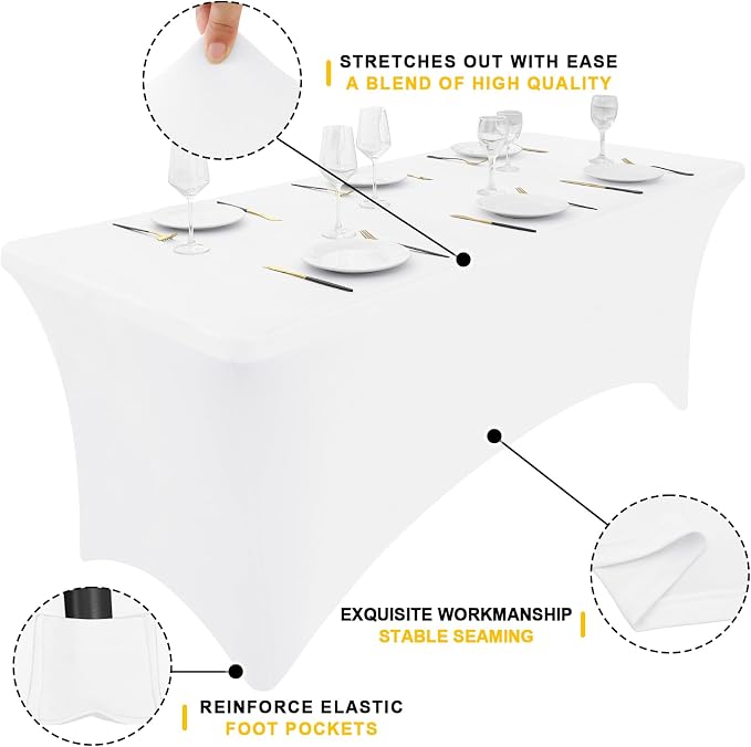 Smiry 2 Pack Spandex Table Cloth 8FT, Elastic Fitted White Tablecloth - Image 3