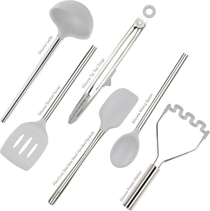 Tovolo Silicone Cooking Utensil Set of 6 Stainless Steel Handle Ladle Slotted Turner Tongs Flex Core Spatula Scraper Mixing Spoon & Potato Masher, Dishwasher Safe BPA Free Utensils, Oyster Gray - Image 2