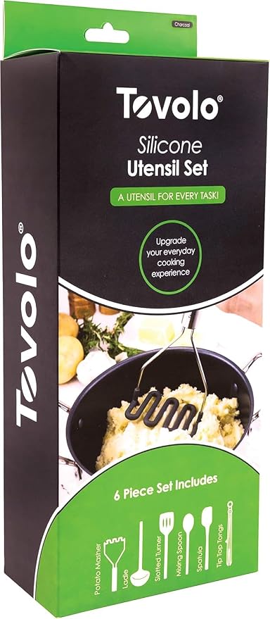 Tovolo Silicone Cooking Utensil Set of 6 Stainless Steel Handle Ladle Slotted Turner Tongs Flex Core Spatula Scraper Mixing Spoon & Potato Masher, Dishwasher Safe BPA Free Utensils, Charcoal Gray - Image 4