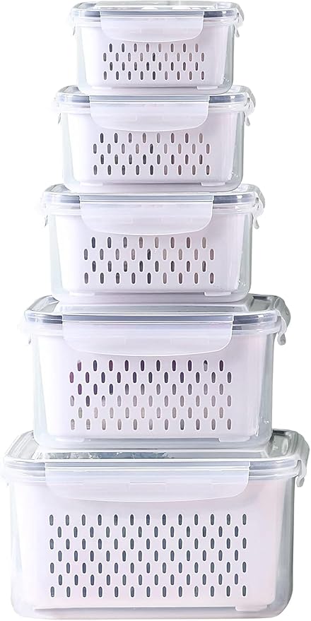 Large Fridge Food Storage Container Set with Lids with Strainer, Fruit Vegetable Storage Containers Keep Fruits, Vegetables, Berry, Meat Fresh longer, BPA-Free Plastic Produce Keepers by Ronanemon