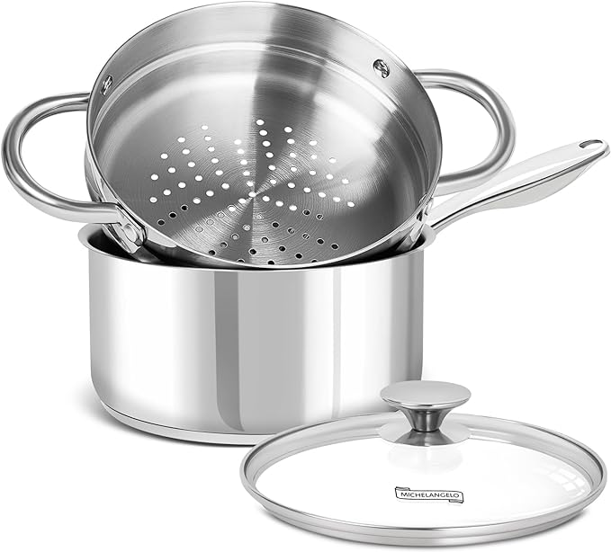 MICHELANGELO 3 Quart Saucepan with Lid & Steamer, Stainless Steel Sauce Pan with Triply Bottom, 3 QT Sauce Pot, Nonstick Saucepan Induction Compatible by Michelangelo