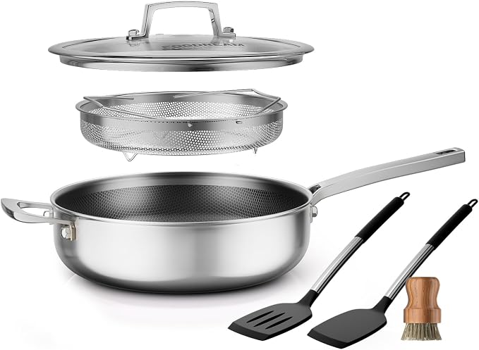 FogDream Non Stick Frying Pans, 10in Titanium Pans for Cooking, Hybrid Stainless Steel Skillet with Spatulas, PFOA Free Cookware, Stay Cool Handle, Dishwasher & Oven-Safe,Induction Compatible,Gold by FogDream