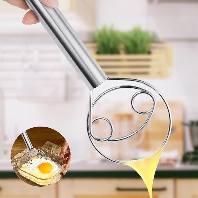 HOTUT 12 Inch Thinp Danish Dough Whisk, Double Eyes Stainless Steel Danish Dough Whisk, Handheld Stainless Steel Double Circle Flour Dough Whisk, Dough Whisk for Whisking, Baking, Beating, Frothing - Image 3