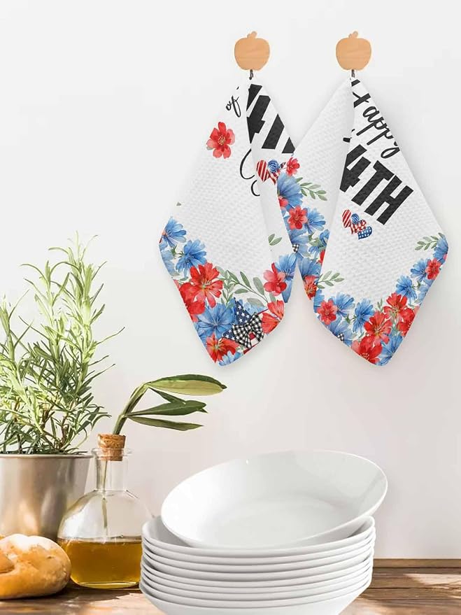 4th of July Dish Towels Set, Waffle Weave Kitchen Towels 4 Pieces, American Flag Red Blue Flowers Leaves Microfiber Hair Face Bath Tea Towel Absorbent Quick Drying Cleaning Dish Cloths, 12"x12" - Image 2