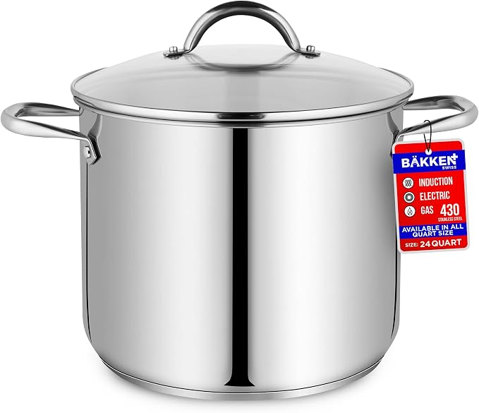Stainless Steel Stockpot with Tempered Glass Lid 24 Quart, Durable 18/0 Stainless Steel, Impact-Bonded Base for Even Heating, Riveted Handles, Oven & All Stove Compatible, Safe Up To 500°F (260°C) by Unknown